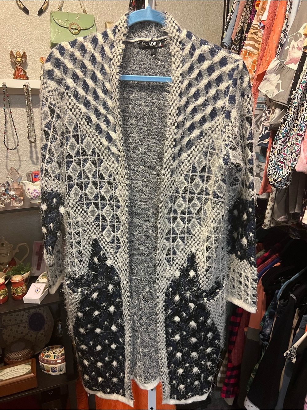 Piccadilly Open-Front Fuzzy Knit Cardigan in Navy and Cream